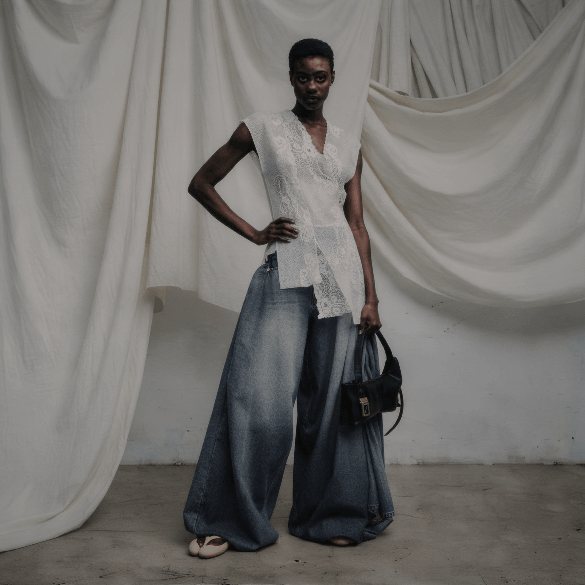 Lace panel top - White